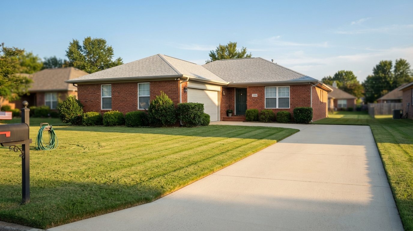 A blade-crisp edge line where the turf meets the front walk, trimmed foundation shrubs against the brick, a swept pale