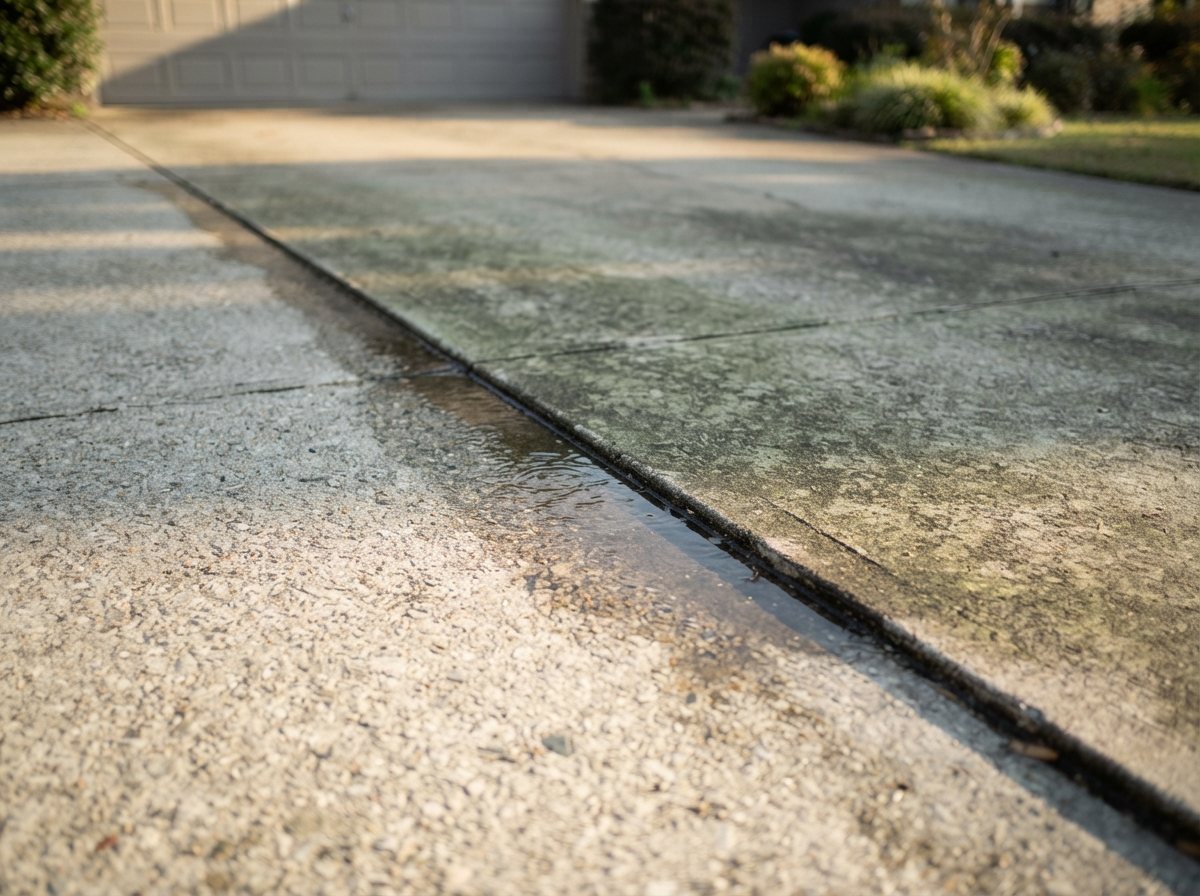 A residential concrete driveway mid-wash: a hard wet boundary running diagonally across the frame, gray-green algae-mottled